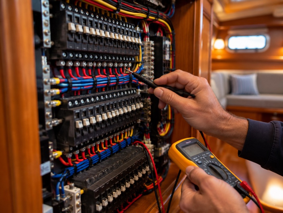 A marine electrical panel being tested with a multimeter