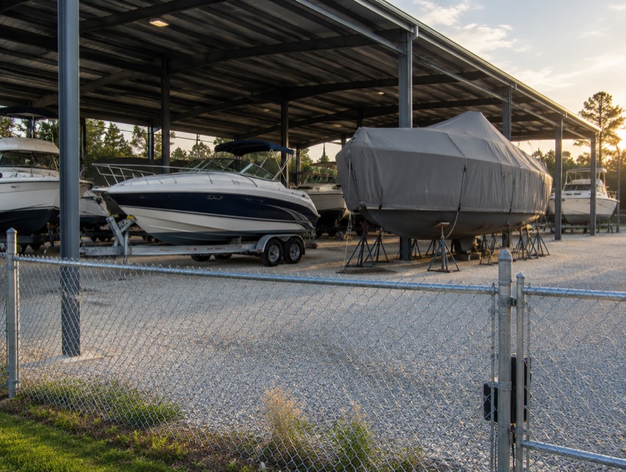 Duffy boats kept under a covered shelter in a gated storage yard